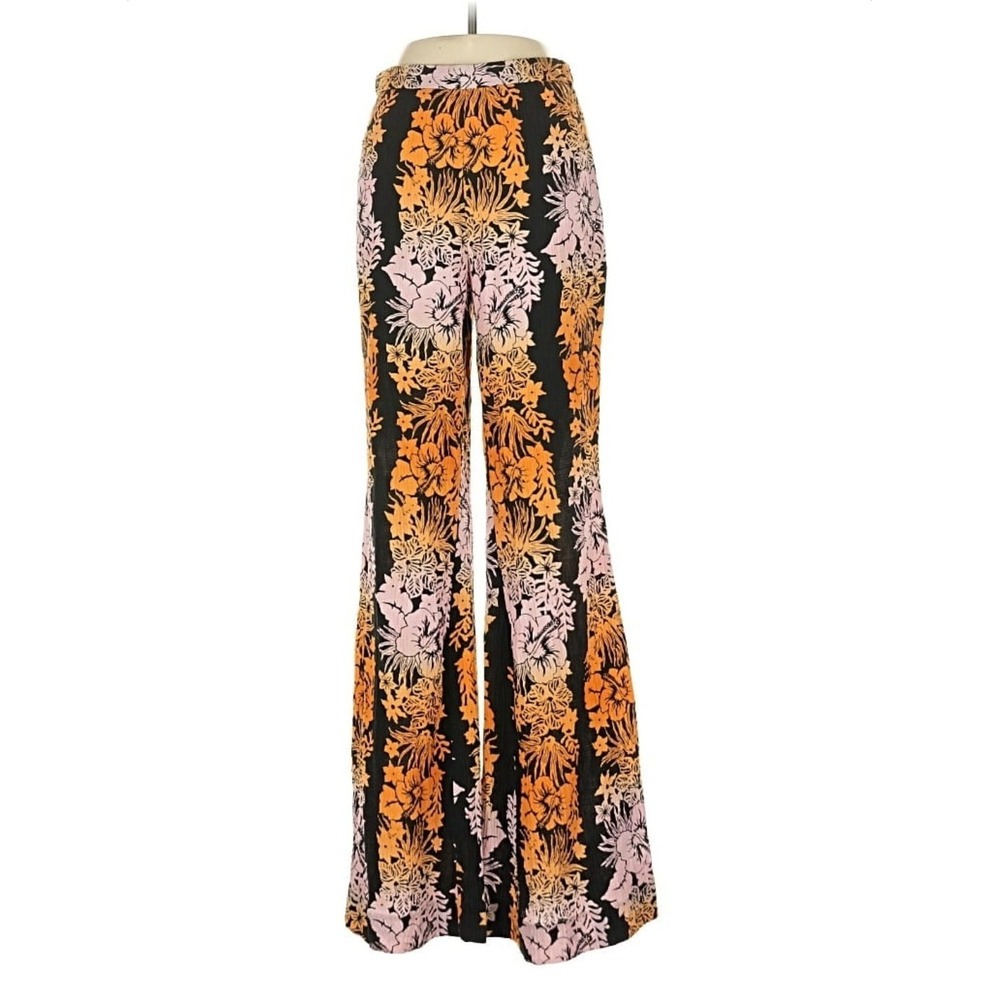 Sandro Paris Floral Wide Leg Pants Black Orange High Rise 36/4 Flared Palazzo‎ - Picture 2 of 12